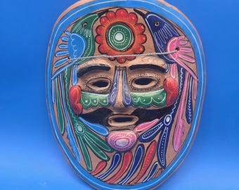 Vintage Mexican Folk Art Mask, Colorful Terracotta Wall Hanging Decor