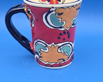 Vintage Red Talavera Cup, Hand-Painted Mexican Folk Art Mug