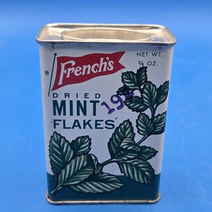 Vintage 1940s French’s Mint Flakes Spice Tin – Antique Kitchen Collectible – Retro Advertising Tin – Green & Yellow Graphics