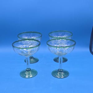 Vintage Hand Blown Martini Wine Goblets, Green Rimmed Elegant Drinkware for Entertaining, Unique Gift for Cocktail Lovers