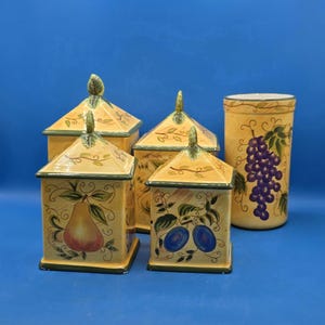 Painted Fruit Ceramic Kitchen Canisters - Vintage Farmhouse Decor - Set of 5