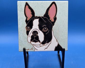 Vintage Dog Tile: Hand-Painted Boston Terrier Ceramic Art