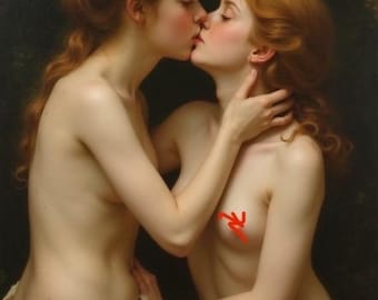 AI-gegenereerde vintage naaktkunst van twee gelukkige vrouwen die de liefde bedrijven. Prachtig ontworpen om eruit te zien als ouderwetse kunst