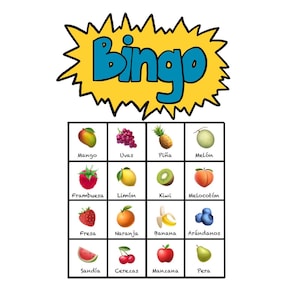 Bingo de Frutas para aprender español | Imprimible en PDF | Juego Educativo | incluye 20 cartones únicos + fichas recortables +instrucciones