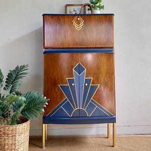 SOLD Art Deco Burl Walnut Cocktail Cabinet, Geometric Design