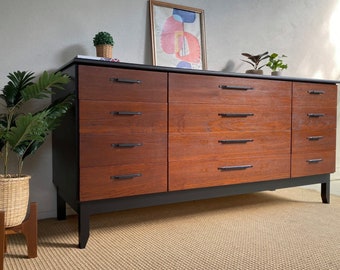 SOLD 1970 Teak Set Of 12 Drawer Dresser and Pair of Bedside Tables  X-Large Mid Century Style