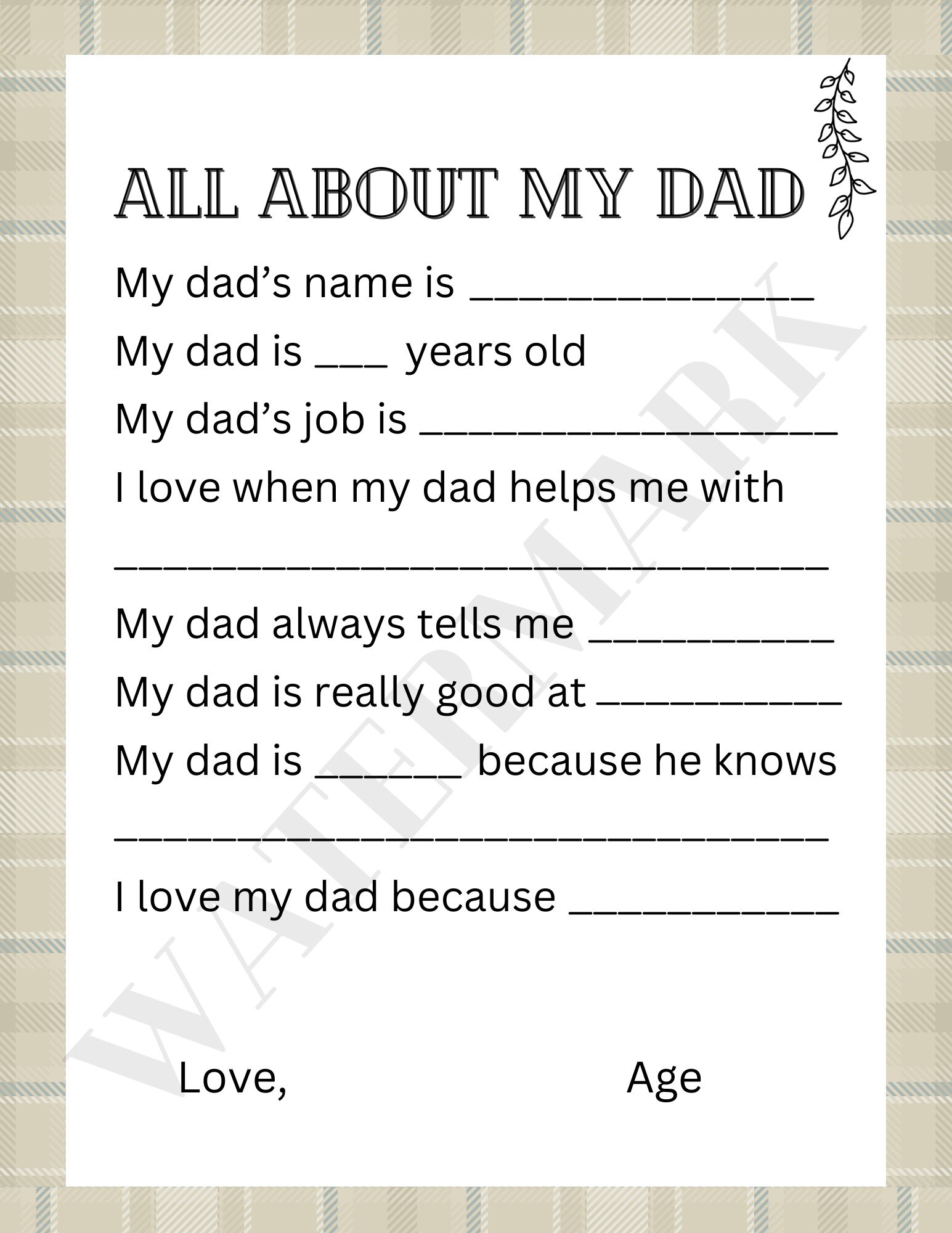 All About My Dad Printable Fill in the Blank Father's Day, Birthday ...