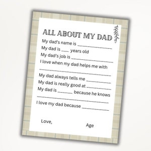 All About My Dad printable fill in the blank Father&#39;s day, birthday, Thanksgiving, Christmas, fun kids activity for school, daycare, home