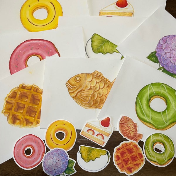 Taiyaki Sticker, Mochi Sticker, Donut Sticker, Waffle Sticker, Hydrangea Sticker, Dessert Sticker, Japanese Dessert