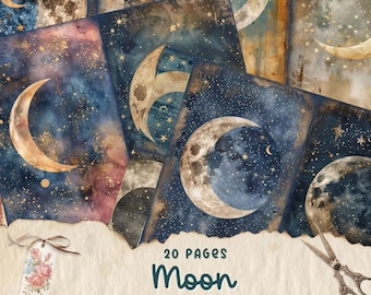 Pages de journal indésirable lune céleste, kit de papier de scrapbooking numérique, éphémères ciel nocturne vintage, astronomie imprimable, feuille de collage étoile mystique