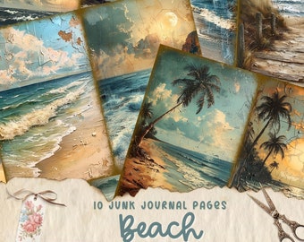 Vintage Beach Junk Journal Pages, Digital Beach Themed Scrapbook Paper, Printable Coastal Collage Sheet, Vintage Nautical Junk Journal Kit