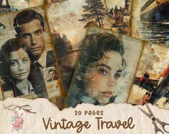 May include: A set of 20 vintage travel themed scrapbook paper pages. The pages feature images of a vintage airplane, a ship, a woman, a man, a forest, and a town. The pages are distressed and have a vintage look.