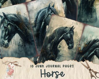 May include: Ten digital collage sheets featuring black horses in a vintage, grunge style. The images are perfect for junk journaling, scrapbooking, or other paper crafts.
