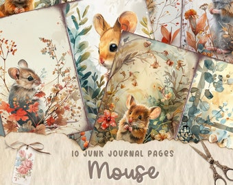Mouse Junk Journal Pages, Animal Journal, Paper Crafts, Scrapbook Printable, Mice Junk Journal Kit, Digital Collage Sheet, Instant Download
