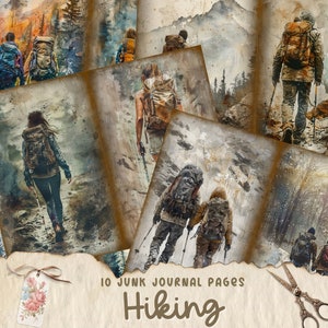 Wandelen ongewenste dagboekpaginabundel, wandelende scrapbookingpapieren, afdrukbaar collageblad, digitaal papier voor buiten, wandelen stel, natuurkaart