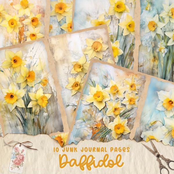 Daffodil Flowers Junk Journal Kit, Vintage Daffodils Junk Journal Pages, Dictionary page Junk Journal Printable Paper, Digital Collage Sheet