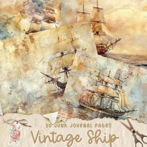 Vintage Ship Junk Journal Pages, Digital Scrapbook Paper Kit, Printable Collage Sheet, Sea Ephemera, Beach, Marine Download, Nautical, Ocean