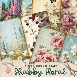 Vintage Floral Shabby Junk Journal Kit, printable collage sheet, digital floral scrapbook kit, antique flowers, plant cards