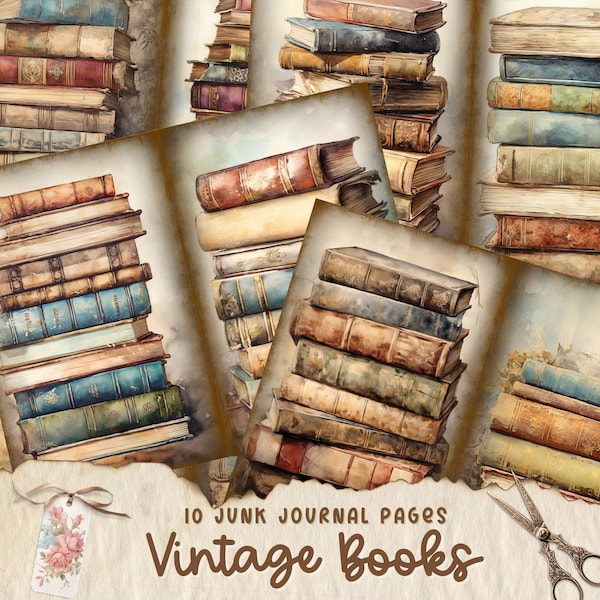 Vintage Books Junk Journal Pages, Digital Scrapbook Paper Kit, Victorian Library Printable, Dark Academia Ephemera, Reading Collage Sheet