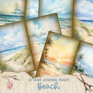 May include: Ten digital printable junk journal pages featuring watercolor illustrations of beach scenes. The pages include images of ocean waves, sandy beaches, palm trees, and sunsets. The text "10 Junk Journal Pages Beach" is at the bottom of the image.