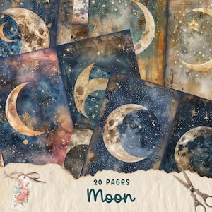 Celestial Moon Junk-dagboekpagina's, digitale plakboekkit, vintage nachtelijke hemel, ephemera, afdrukbare astronomie, collageblad mystieke ster