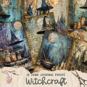 Pages de carnet de bordel de sorcellerie, kit de papier de scrapbooking numérique, livre de sorts imprimable, feuille de collage de potion, éphémères de sorcellerie, nature fantastique