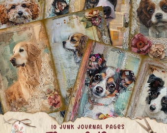 May include: Ten digital collage sheets featuring various dog breeds with floral accents. The images are in a vintage style with lace and floral patterns. The text "10 Junk Journal Pages Floral Dog" is at the bottom of the image.