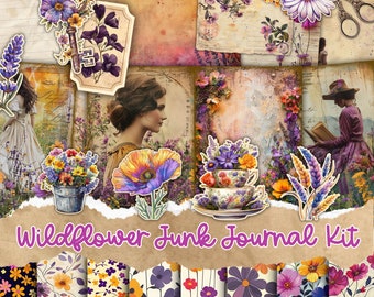 Watercolor Wildflowers Junk Journal Printable Kit, Flowers Junk Journal Pages, Junk Journal Paper Digital Collage Sheet, Instant Download