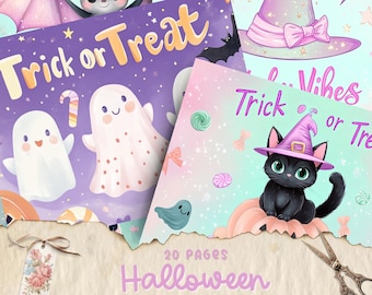 May include: A set of 20 printable Halloween themed pages featuring cute illustrations of a bat, ghosts, a black cat, and a witch's hat. The pages are decorated with stars, candy, and other Halloween elements. The text "Trick or Treat" and "Happy Vibes" are featured on the pages.