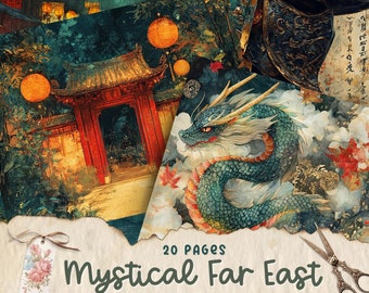 Páginas vintage de diarios basura de Japón, kit de papel de álbum de recortes digital, efímera japonesa, hoja de collage imprimible, fondo asiático, estampados orientales