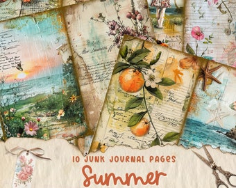 Summer Digital Junk Journal Background, Sand and Sea Collage Printable, Digital Junk Journal, Beach Journal Paper, Summer background