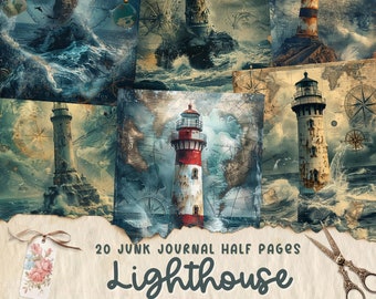 Lighthouse Junk Journal Pages, Digital Ocean Themed Scrapbook Paper, Printable Coastal Collage Sheet, Vintage Junk Journal Kit, Sea Ephemera