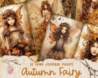 May include: Ten digital collage sheets featuring fairies with autumnal wings and foliage. The fairies are depicted with brown hair and wearing dresses with fall colors. The text "10 Junk Journal Pages Autumn Fairy" is at the bottom of the image.