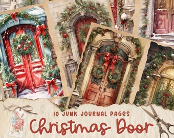 Christmas Doors Junk Journal Pages, Digital Scrapbook Paper Kit, Festive Printable, Holiday Collage Sheet, Vintage Ephemera, Winter Wreath