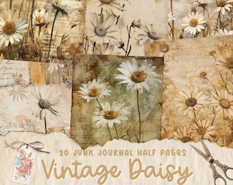 Vintage Daisy Junk Journal Half Pages, Digital Scrapbook Paper, Floral Printable, Antique Flower Sheet, Shabby Chic Ephemera, Download