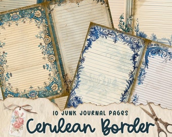 May include: Ten printable journal pages with a blue and gold ornate border. The pages have lined paper and a vintage aesthetic.