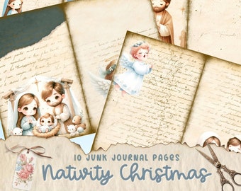 Diario basura de la Natividad, Natividad de Navidad imprimible, Navidad religiosa, páginas de la escena de Belén, artesanía de la Natividad digital, álbum de recortes cristiano