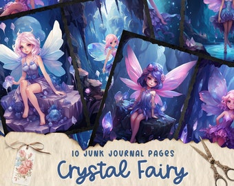 May include: Ten digital printable journal pages featuring illustrations of fairies with crystal wings and a crystal cave background. The text "10 Junk Journal Pages Crystal Fairy" is at the bottom of the image.