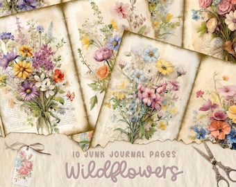 Watercolor Wildflowers Junk Journal Printable Page, Flowers Junk Journal Kit, Junk Journal Paper Digital Collage Sheet, Instant Download