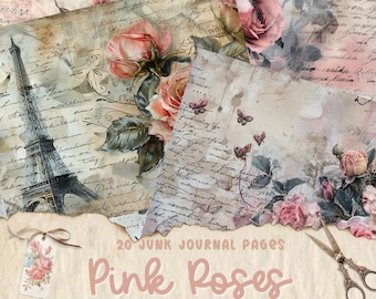 Zestaw Vintage Pink Rose Junk Journal Page Bundle, Shabby Chic, Zestaw papieru do dziennika do druku, Pobieranie cyfrowe, Materiały do scrapbookingu, Papier do rękodzieła