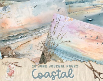 Küsten-Junk-Journal-Seiten, digitales Strand-Themen-Scrapbook-Papier, druckbares Küsten-Collage-Blatt, Vintage-nautisches Junk-Journal-Kit