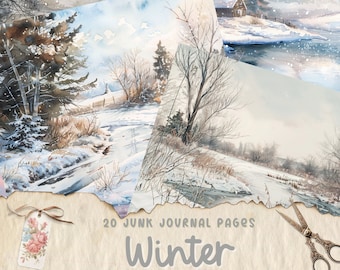 Winter Junk Journal Kit, Snow Collage Printable Journal Pages, Vintage Digital Paper for Scrapbooking, Shabby Chic Winter Background