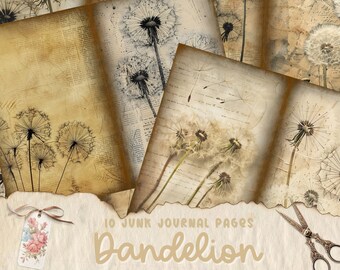 Dandelion Junk Journal Pages, Botanical Flower Digital Paper, Scrapbooking Printable Paper, Floral Ephemera, Journal Papers, Shabby Chic