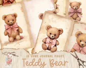 Teddy Bear Junk Journal Pages, Digital Download, Scrap Book, Printable, Vintage Junk Journal Digi Kit, Journal, Nursery, Vintage Bear, Pink