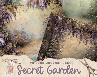 Papeles de diario basura de Secret Garden, páginas imprimibles, scrapbooking floral, efímera de jardín, hoja de collage, efímera vintage, descarga instantánea
