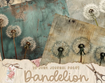 Dandelion Junk Journal Pages, Botanical Flower Digital Paper, Scrapbooking Printable Paper, Floral Ephemera, Journal Papers, Shabby Chic