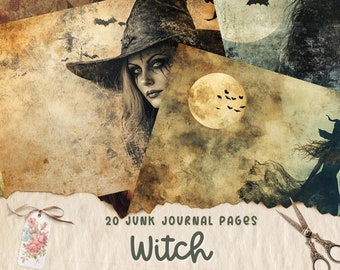 Witch Junk Journal Pages, Digital Scrapbook Paper Kit, Halloween Printable, Collage Sheet, Witchcraft Ephemera, Fantasy, Nature, Gothic