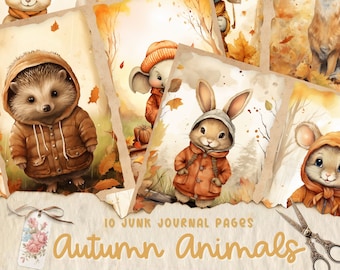 May include: Ten digital printable journal pages featuring cute watercolor illustrations of woodland animals in autumnal colors. The animals include a hedgehog, a bunny rabbit, a deer, an elephant, and a squirrel. The text "10 Junk Journal Pages Autumn Animals" is at the bottom of the image.