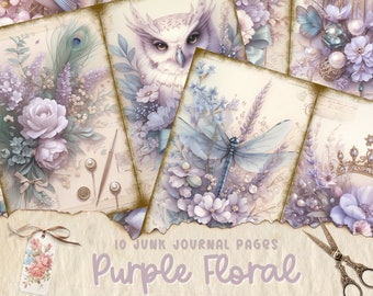 Floral Purple Junk Journal Printable Pages, Vintage Card, Digital Collage Sheet, Flower Junk Journal Kit, Victorian Scrapbook Ephemera