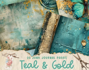 Teal and Gold Mixed Media Junk Journal art kit, digital papers, printable journal pages, Teal and gold journaling papers, card making